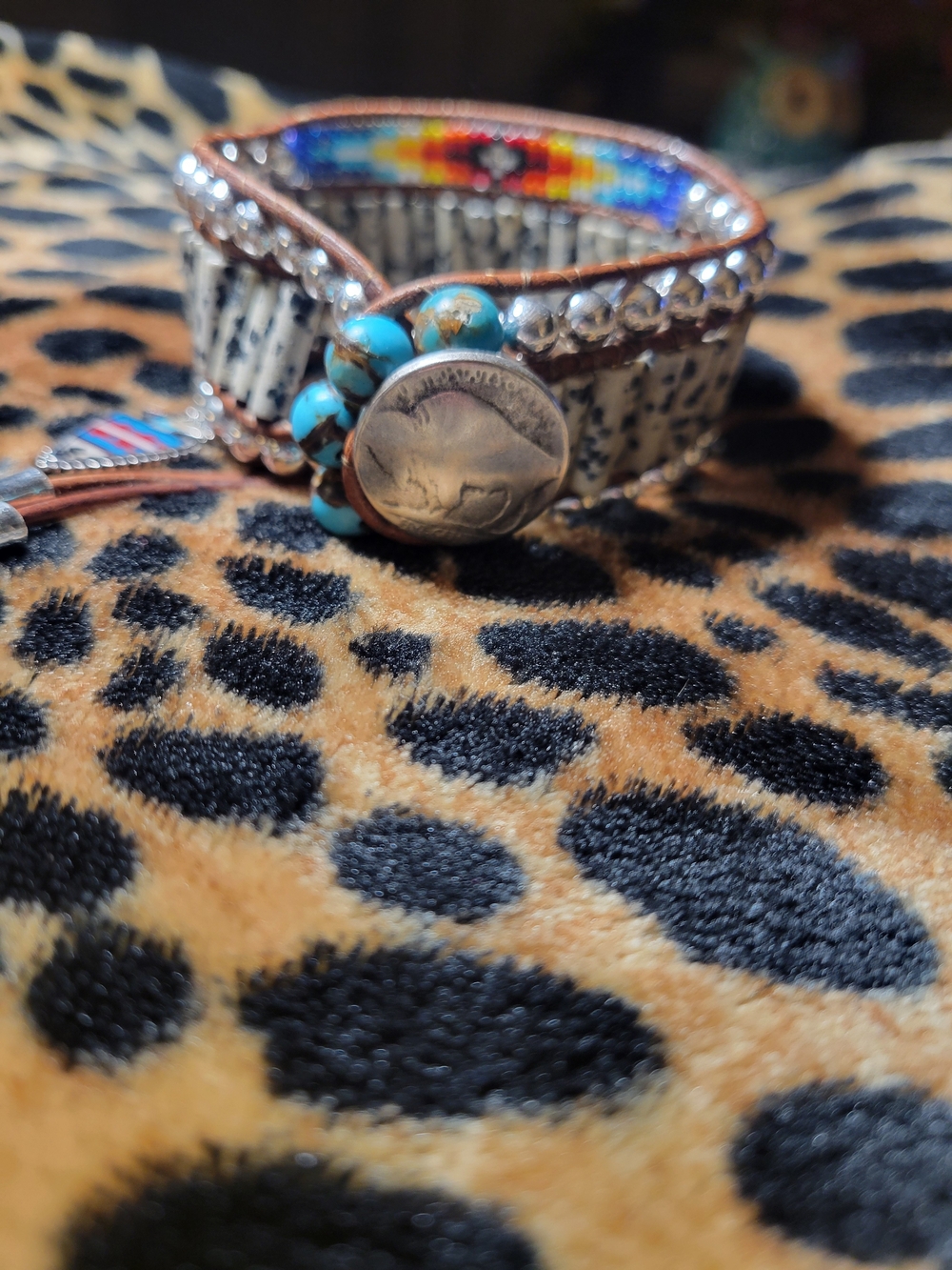 Native American Handmade Turquoise Beaded Seadbead Cuff Bracelet.